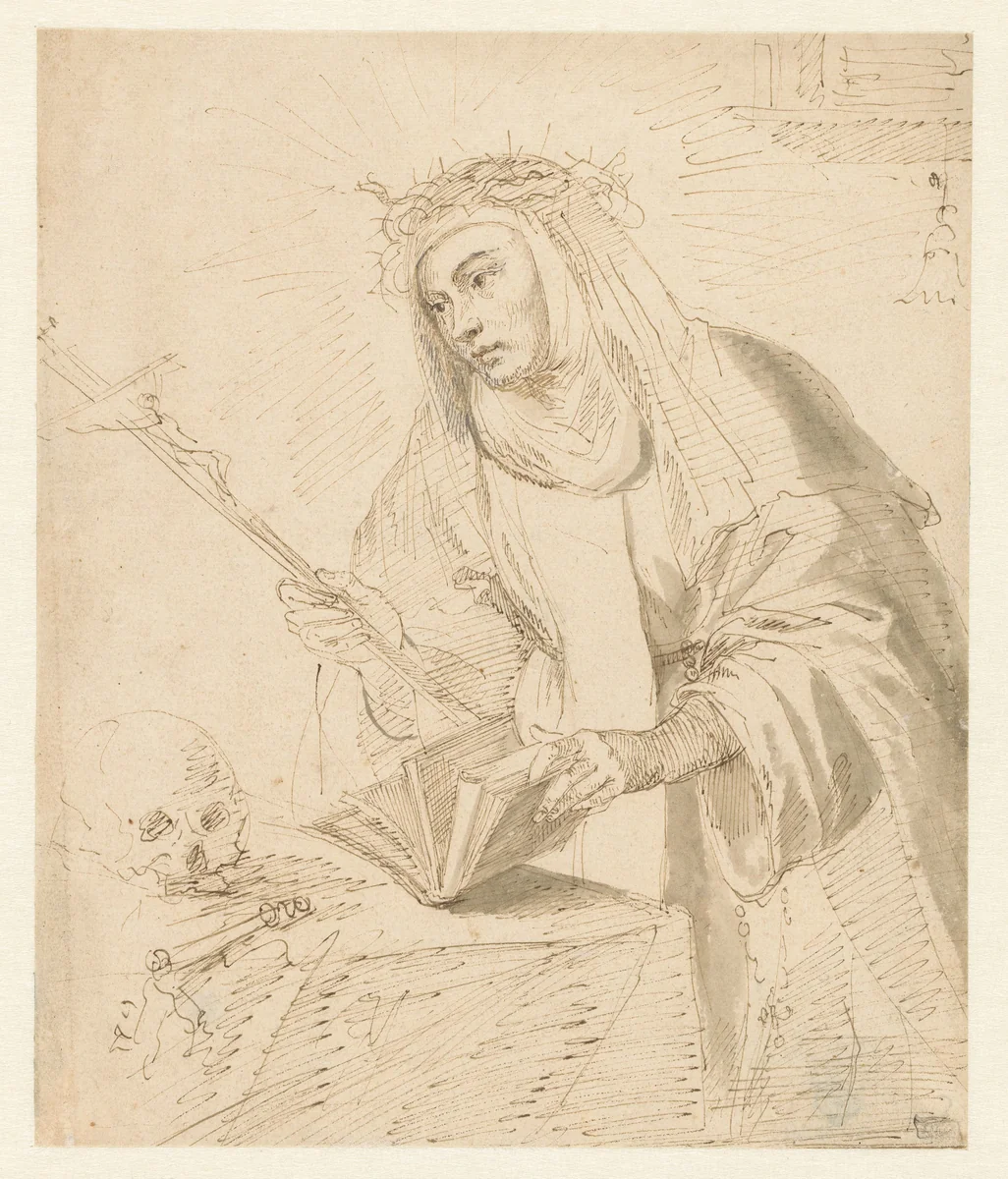 H. Catharina in contemplatie by Matthys van den Bergh, drawing, 1627-1687
