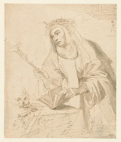 H. Catharina in contemplatie by Matthys van den Bergh, drawing, 1627-1687