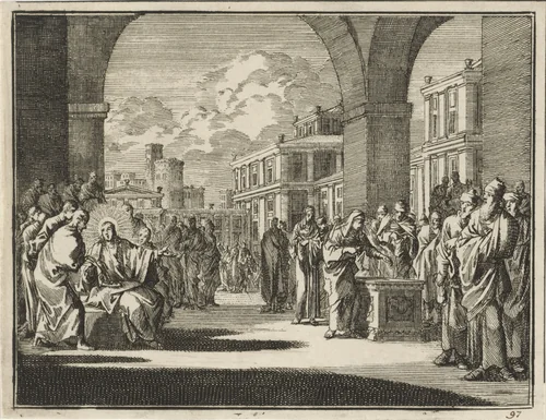 Vrijgevigheid van de arme weduwe by Jan Luyken, print, 1712