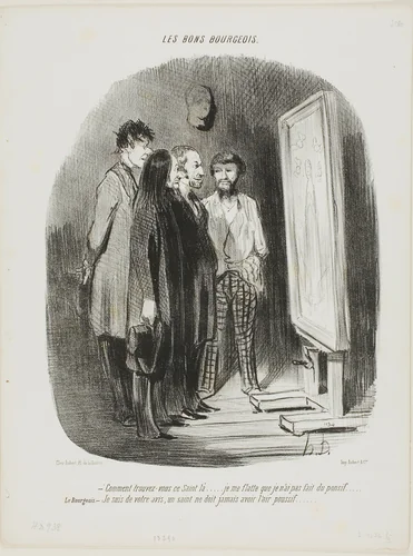 “- How do you find this saint there.... I tried to not make him look too conventional.... The bourgeois: - I quite agree, a Saint never should look short winded,” plate 80 from Les Bons Bourgeois by Honoré-Victorin Daumier, print, 1847