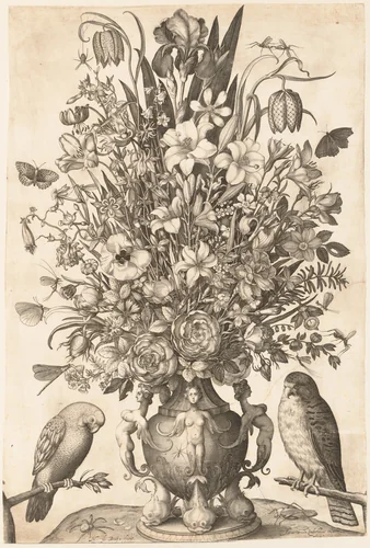 Vase of Flowers with Two Birds by Nicolaes de Bruyn, print, 1590-1656