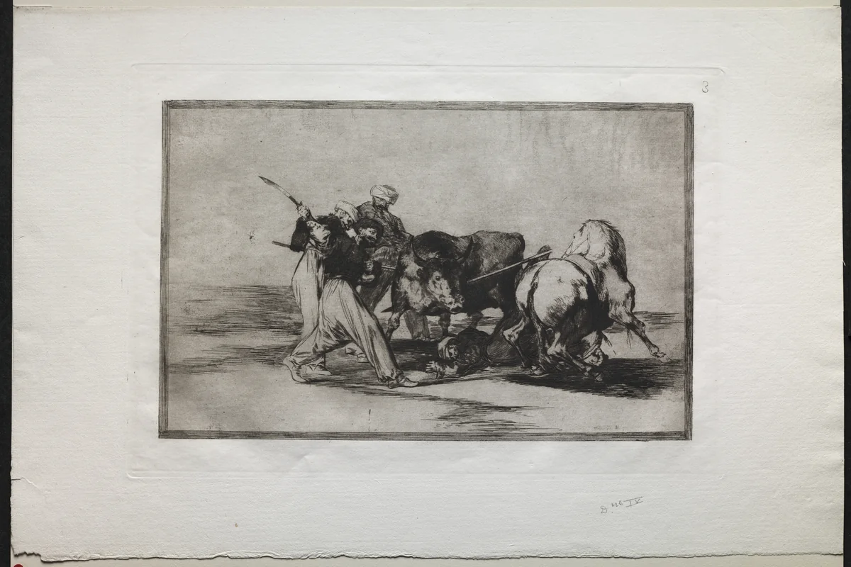 Bullfights: The Moors Settled in Spain, Giving Up the Superstitions of the Qur’an, Adopted this Art of Hunting, and Spear a Bull in the Open by Francisco de Goya, print, 1816-1876