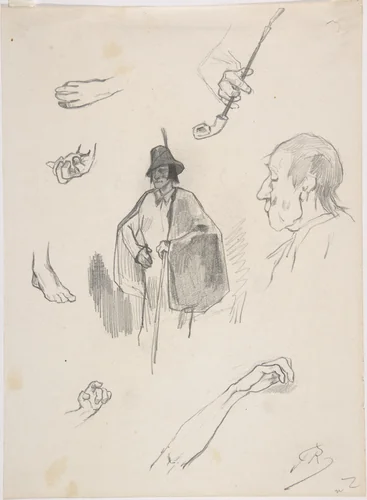 Sheet with figures, details of hands and feet by Félicien Rops, drawing, 1860-1900