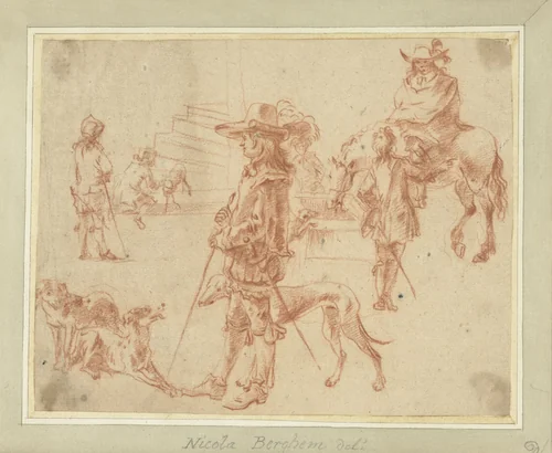 Sheet of Studies with Hunters, Horses and Dogs by Jan Blom, drawing, 1650-1654