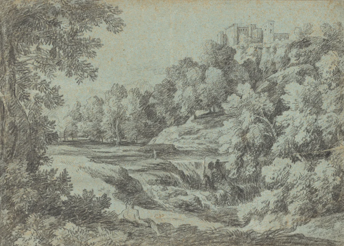 Italian Landscape with Fortifications and a Waterfall by Gaspard Dughet, drawing, 1664-1666