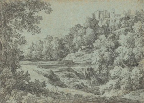 Italian Landscape with Fortifications and a Waterfall by Gaspard Dughet, drawing, 1664-1666