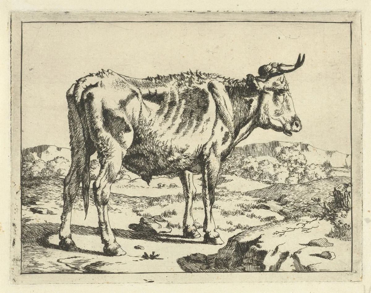 Stier staand bij rots by Marcus de Bye, print, 1649-1677
