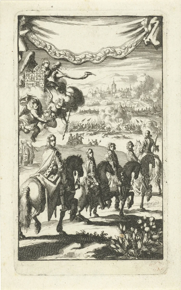 Prinsen van Oranje Willem I, Maurits, Frederik Hendrik, Willem II en Willem III te paard by Jan Luyken, print, 1690