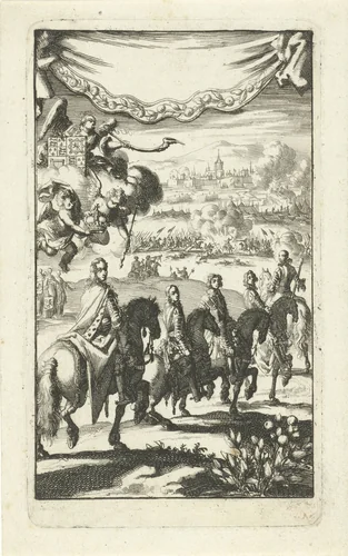 Prinsen van Oranje Willem I, Maurits, Frederik Hendrik, Willem II en Willem III te paard by Jan Luyken, print, 1690