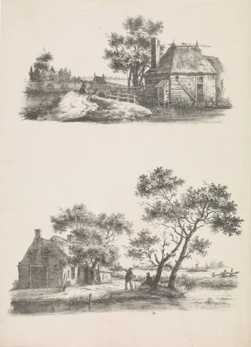Twee voorstellingen van een huis in een polderlandschap by Joannes Bemme, print, 1809-1841