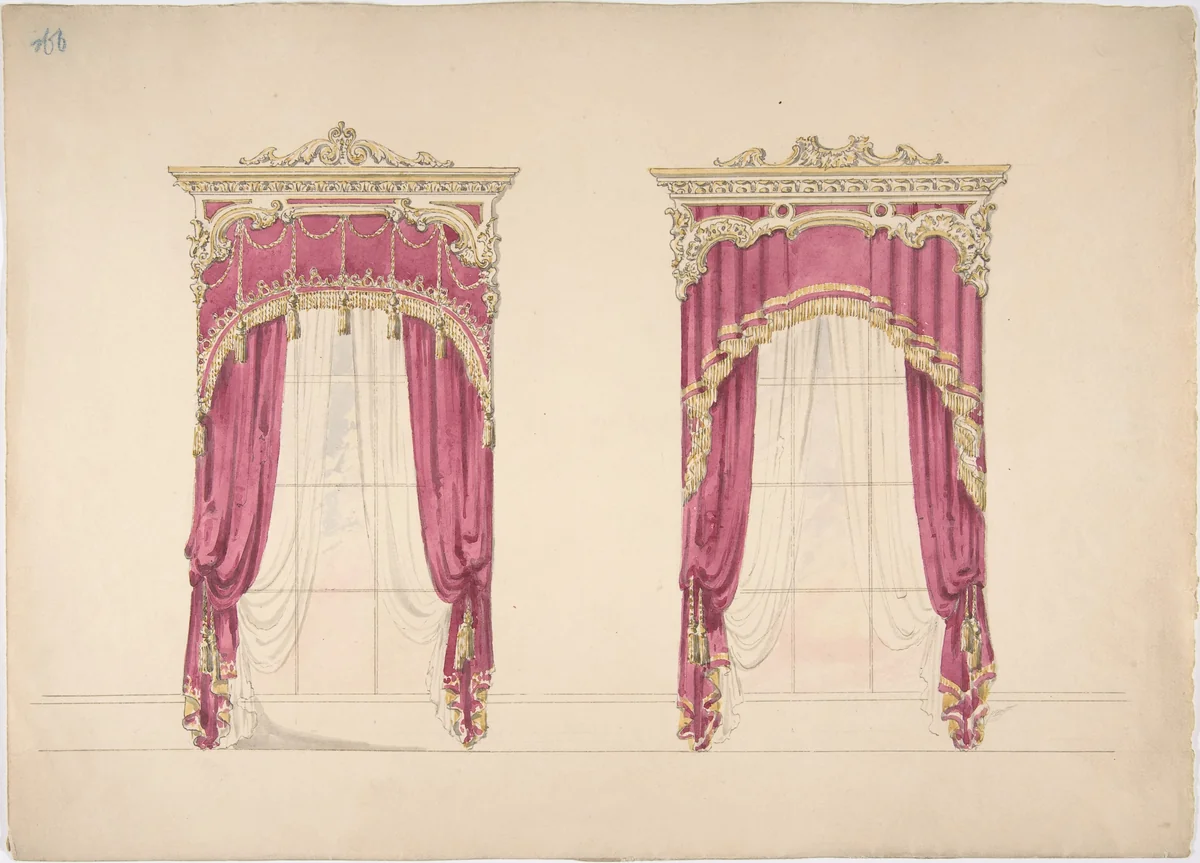 Design for Red Curtains with Gold Fringes and a Gold and White Pediment by anonymous, drawing, 1800-1850