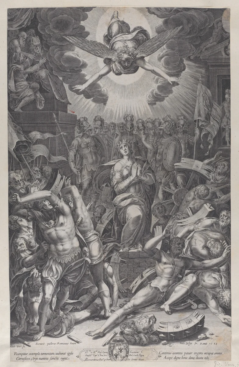 Martyrdom of Saint Catherine, after Bernardino Passari by Gijsbert Van Veen, print, 1588