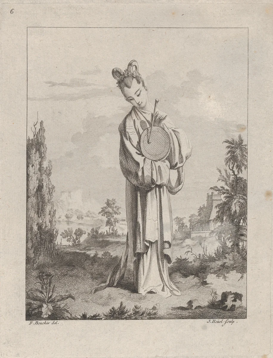 Chinoiserie with a woman playing a gong, from Suite de Figures Chinoises. . .Tiré du Cabinet de Mr. d'Azaincourt (Series of Chinoiserie Figures. . .From the Chambers of Mr. d'Azaincourt), plate 6 by Jean-Pierre-Louis-Laurent Hoüel, print, 1755-1776