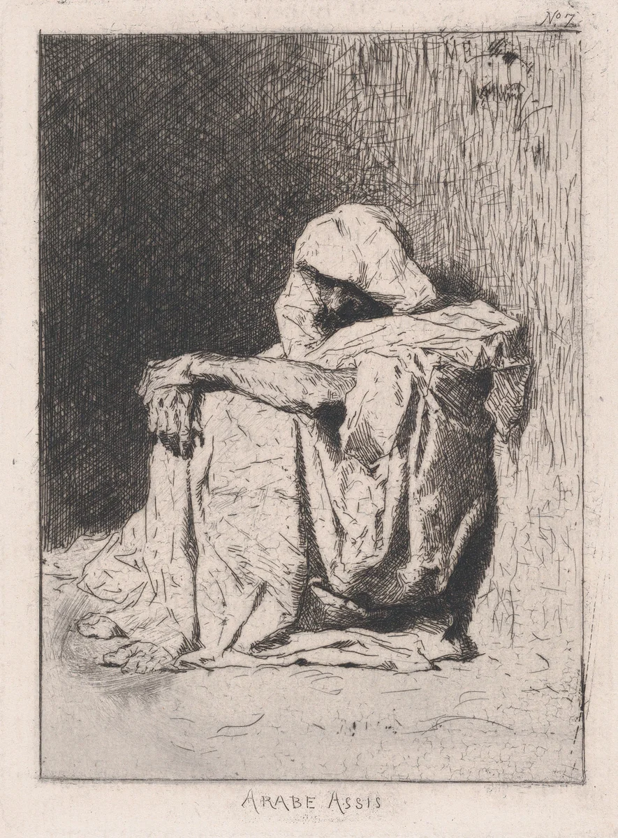 An Arabic man seated on the ground, head partly covered by Mariano Fortuny, print, 1860-1862