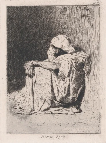 An Arabic man seated on the ground, head partly covered by Mariano Fortuny, print, 1860-1862
