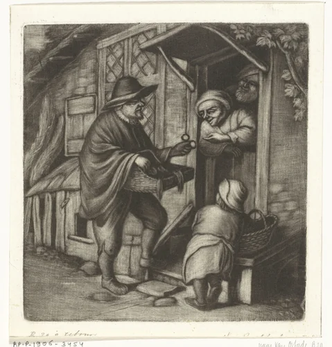 Brillenverkoper en een oude vrouw by Jacob Hoolaart, print, 1723-1789