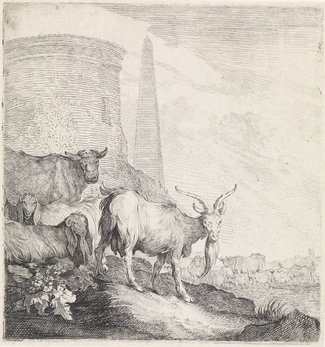 Geiten en koeien bij een ronde toren met een obelisk by Moyses van Wtenbrouck, print, 1600-1647