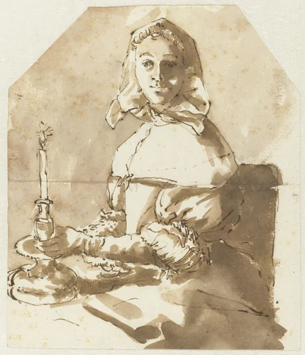 Jonge vrouw zittend aan tafel by Constantijn Huygens, drawing, 1660-1669