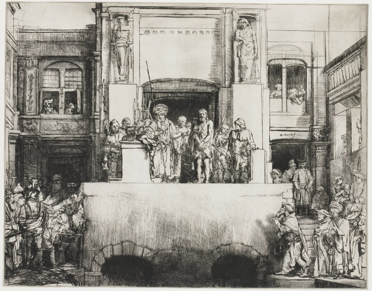 Christ presented to the people: oblong plate by Rembrandt van Rijn, print, 1655