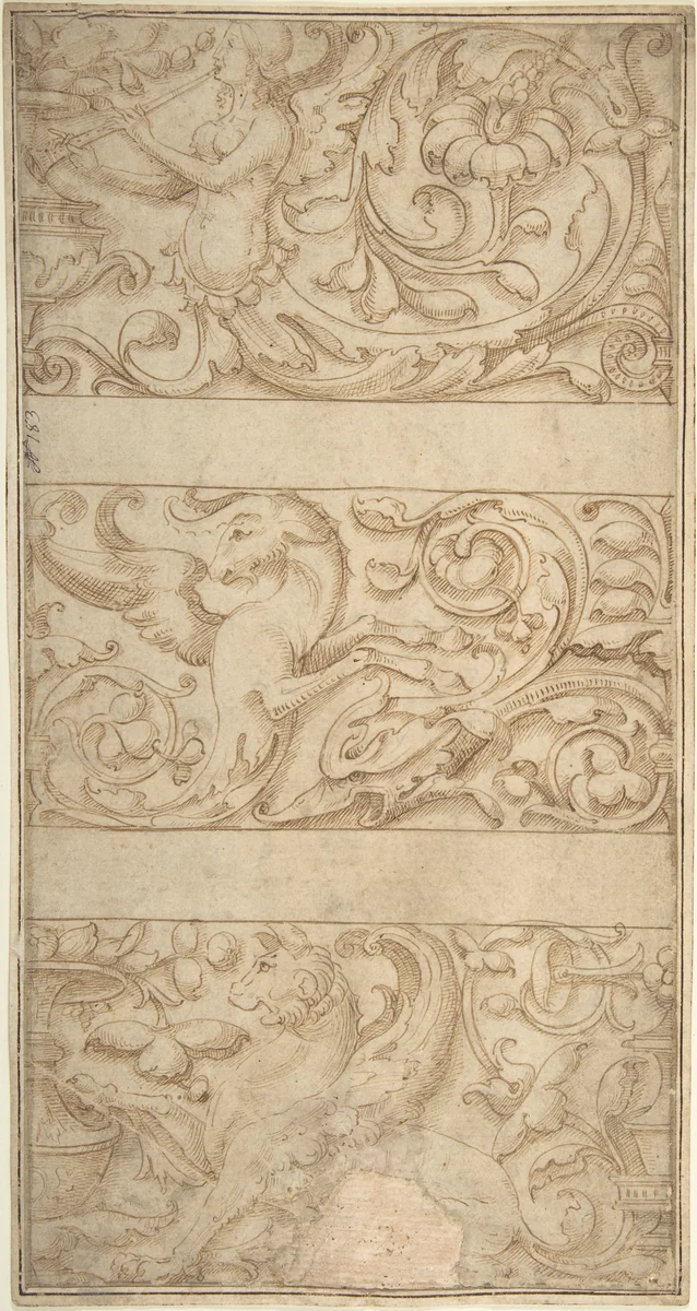 Antique-Style Ornament Frieze Design: Rinceaux with Grotesque Figures and Animals by anonymous, drawing, 1500-1550