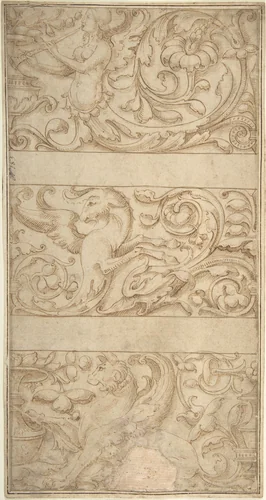Antique-Style Ornament Frieze Design: Rinceaux with Grotesque Figures and Animals by anonymous, drawing, 1500-1550
