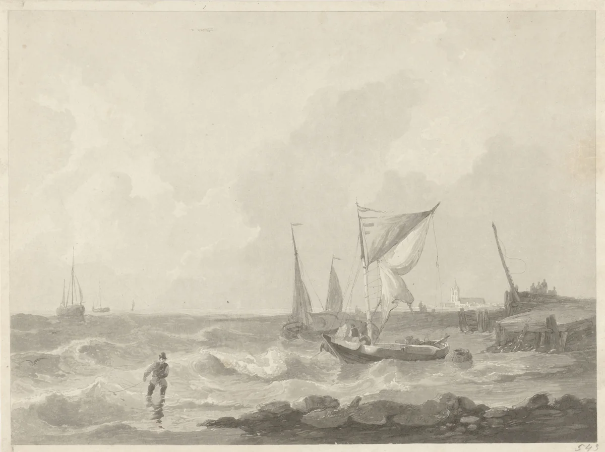 Vissersboten bij een havenhoofd by Willem Hendrik Hoogkamer, print, 1800-1844