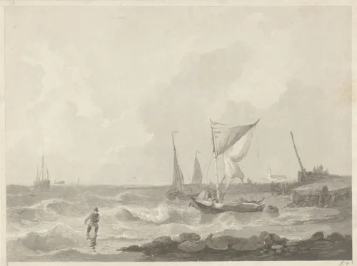 Vissersboten bij een havenhoofd by Willem Hendrik Hoogkamer, print, 1800-1844