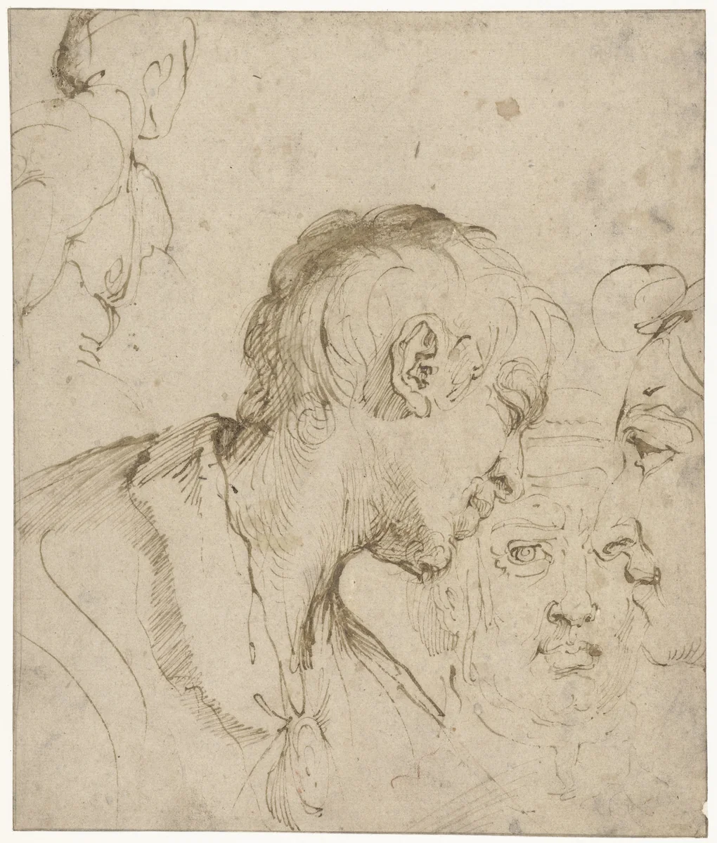 Drie hoofden van mannen by Annibale Carracci, drawing, 1592-1602