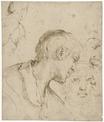 Drie hoofden van mannen by Annibale Carracci, drawing, 1592-1602