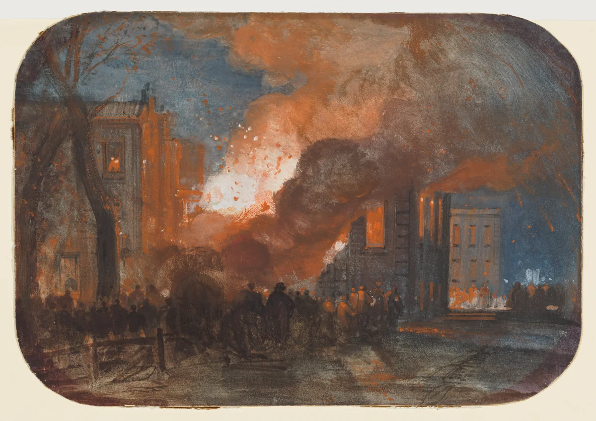 The Burning of the Mansion House, Queen Square, Bristol by William James Müller, drawing, 1831-1832