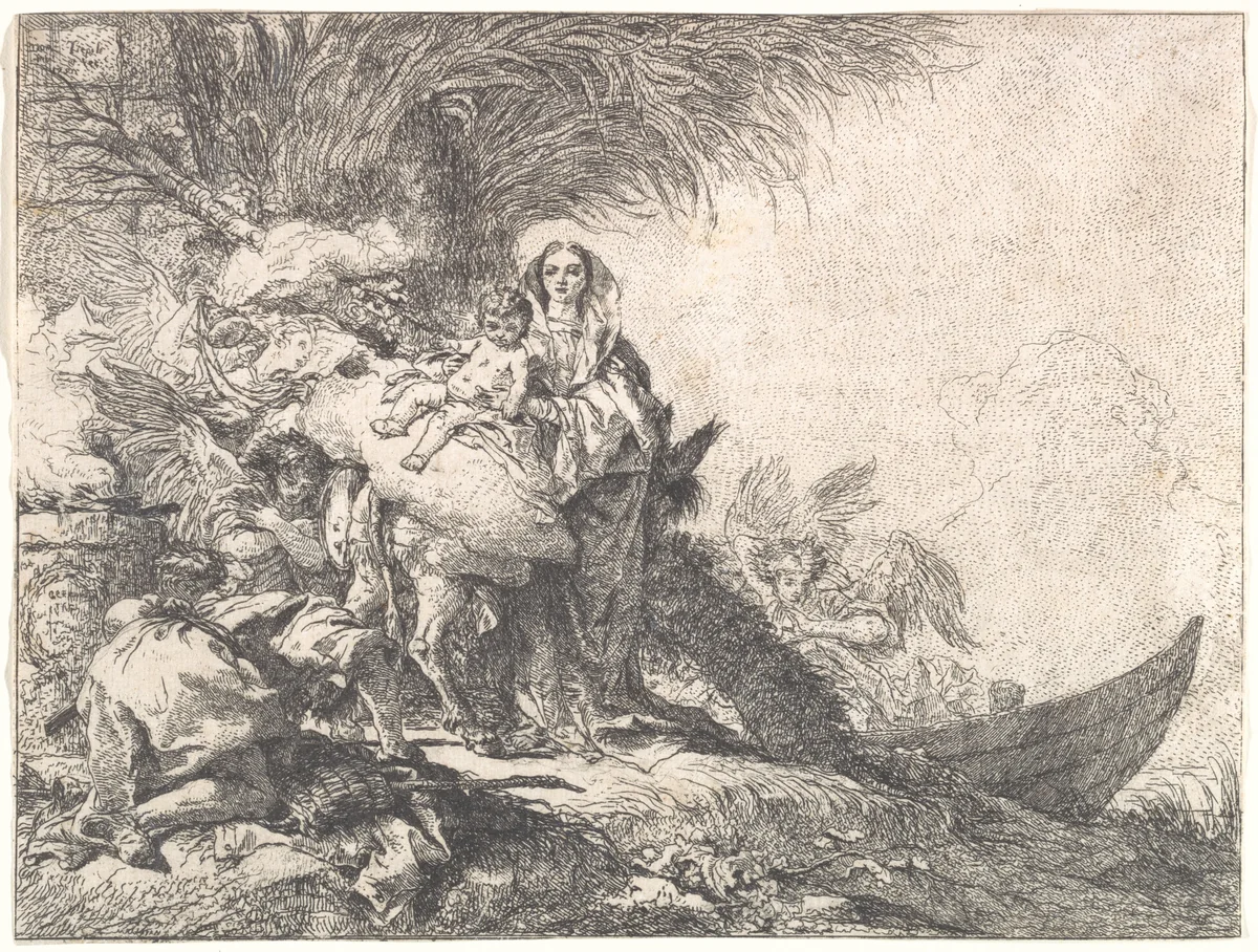 Joseph Adoring the Christ Child near a Smoking Altar, from the Flight into Egypt by Giovanni Domenico Tiepolo, print, 1752