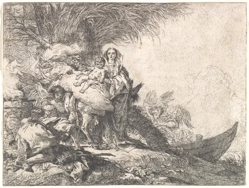 Joseph Adoring the Christ Child near a Smoking Altar, from the Flight into Egypt by Giovanni Domenico Tiepolo, print, 1752
