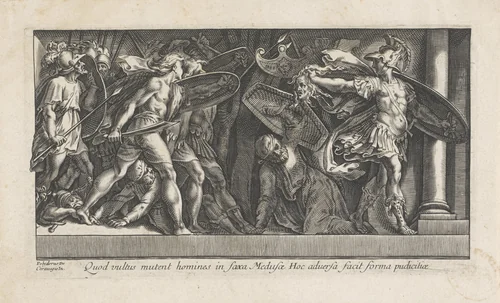 Phineus en zijn volgelingen in steen veranderd by Unknown, print, 1563-1615