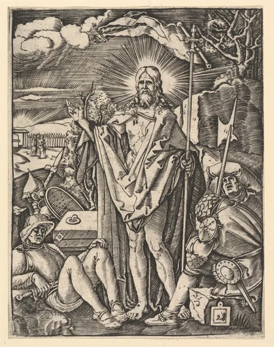 The Resurrection; Christ standing in front of a closed tomb, holding a flag and giving a blessing, guards sleeping in the foreground, from "The Passion of Christ", after Dürer by Marcantonio Raimondi, print, 1495-1539