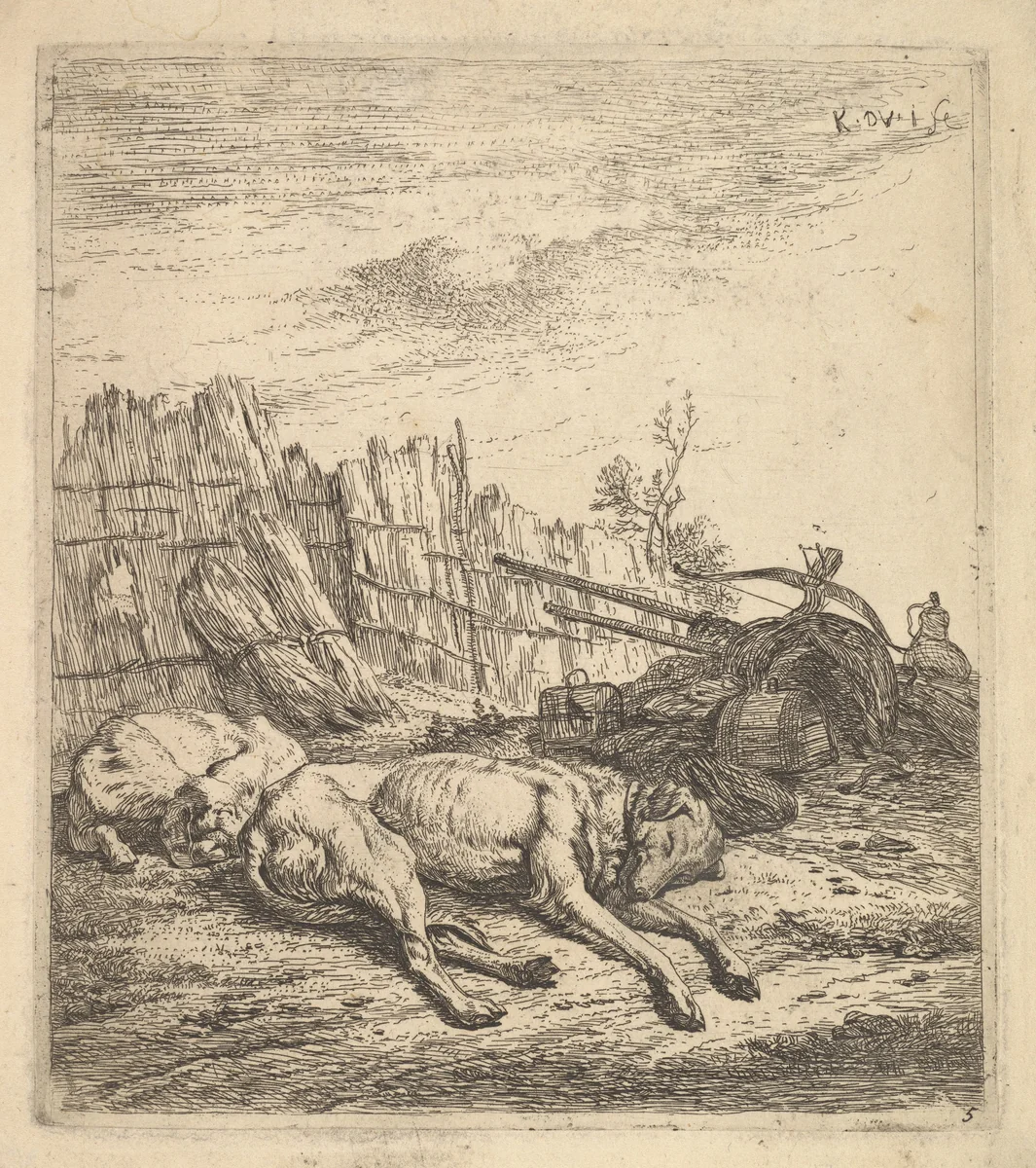 Two dogs sleeping on the ground; a plough, farm equipment, bunches of straw, and a fence beyond by Karel Dujardin, print, 1641-1678
