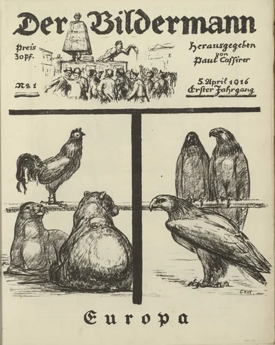 Europe (Europa) (front cover, folio 2) from the periodical Der Bildermann, vol. 1, no. 1 (Apr 1916) by August Gaul, periodical, 1916
