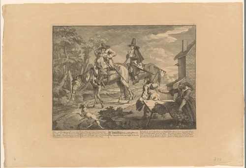 Hudibras en Ralpho te paard langs een dorp by William Hogarth, print, 1725-1735
