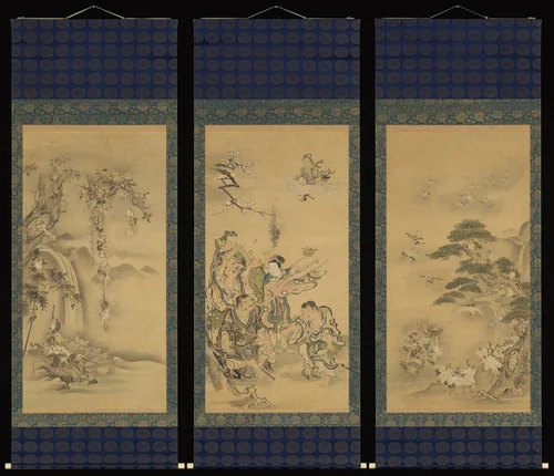 Eight Daoist Immortals, Cranes, and Gibbons by Kano Tanshin, painting, 1667-1733