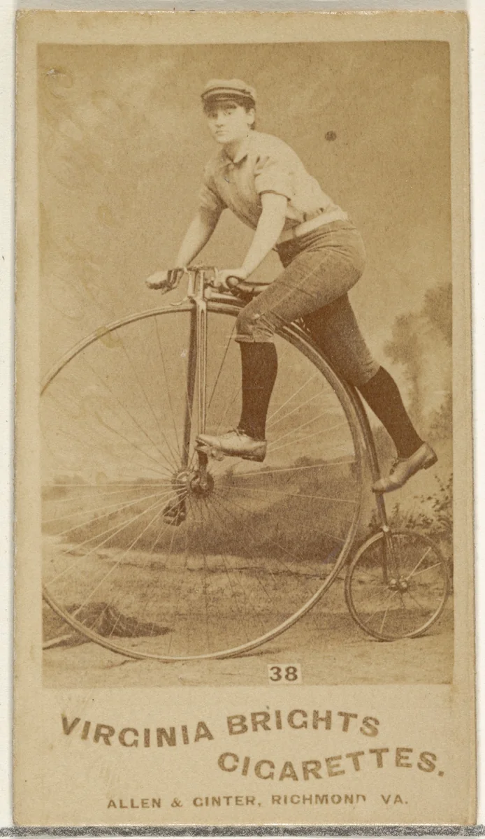 Card 38, from the Girl Cyclists series (N49) for Virginia Brights Cigarettes by Allen & Ginter, photograph, 1887