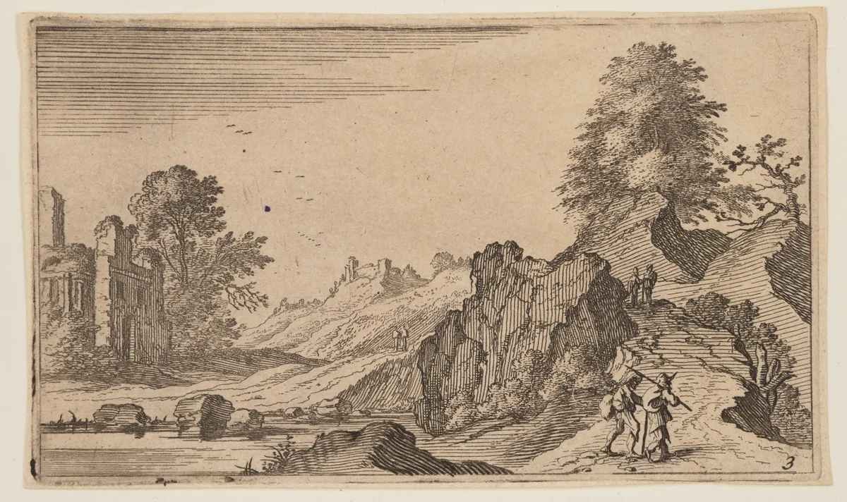 Pedestrians on a Path by Rocks, Ruins beyond Water at Left, from Twelve Landscapes by Gillis van Scheyndel, print, 1605-1650