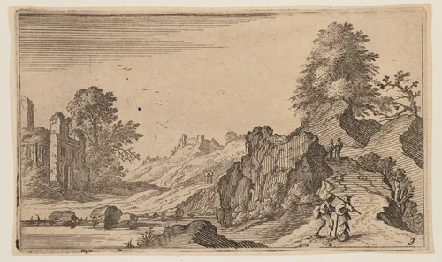 Pedestrians on a Path by Rocks, Ruins beyond Water at Left, from Twelve Landscapes by Gillis van Scheyndel, print, 1605-1650
