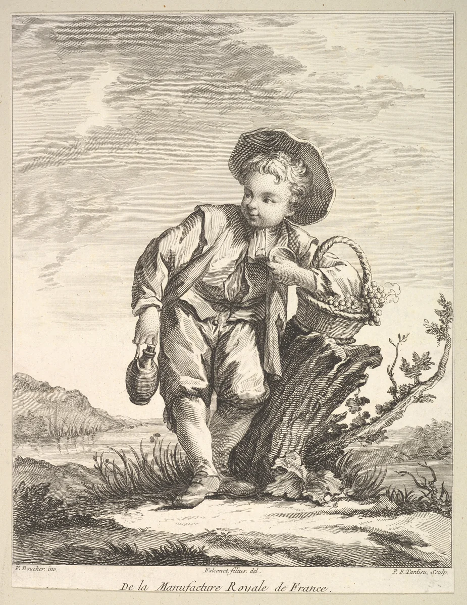 Little boy holding a basket of grapes, from Deuxième Livre de Figures d'après les porcelaines de la Manufacture Royale de France (Second Book of Figures after porcelains from the Manufacture Royale de France) by Pierre François Tardieu, print, 1757-1771