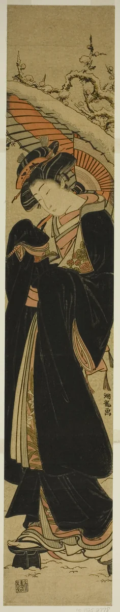 Young Woman with Umbrella Walking in Snow by Isoda Koryusai, print, 1772-1782