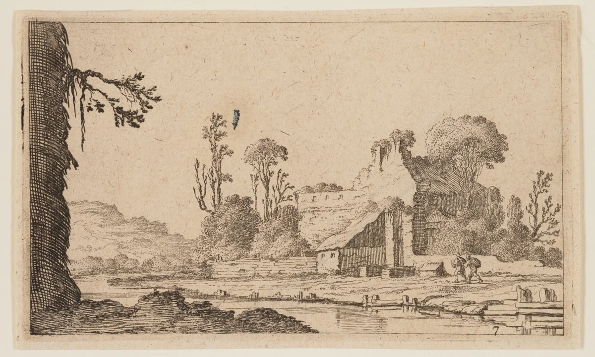 Ruins Transformed into a Farm on a River, from Twelve Landscapes by Gillis van Scheyndel, print, 1605-1650