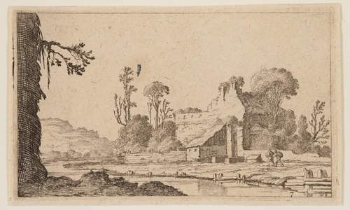 Ruins Transformed into a Farm on a River, from Twelve Landscapes by Gillis van Scheyndel, print, 1605-1650