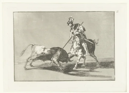 Rodrigo Díaz de Vivar verwondt een stier by Francisco de Goya, print, 1811-1816