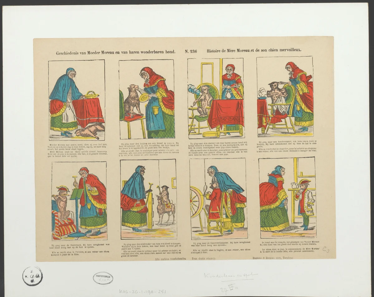 Moeder Moreau en haar wonderbaarlijke hond by anonymous, print, 1833-1911