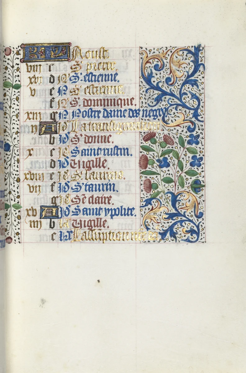 Book of Hours (Use of Rouen): fol. 8r, Calendar Page for August by Master of the Geneva Latini, book, 1465-1475