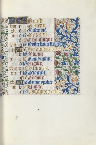 Book of Hours (Use of Rouen): fol. 8r, Calendar Page for August by Master of the Geneva Latini, book, 1465-1475