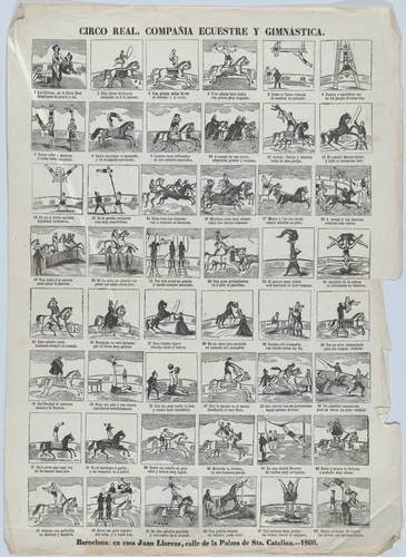 Broadside with 48 scenes depicting the equestrian and gymnastic moves of the royal circus by Juan Llorens, print, 1860